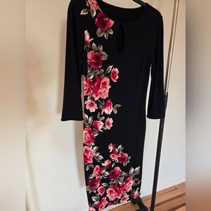 White House Black Market Reversible Floral Black Dress with Pink Accents